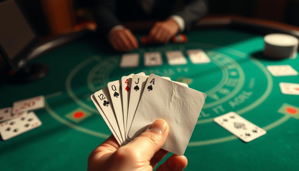 A close-up view of a hand holding playing cards, with a blackjack table in the background. The cards are slightly out of focus, conveying a sense of probability and uncertainty. The table features the classic green felt surface, with subtle shadows and highlights adding depth and realism. The lighting is warm and natural, creating a contemplative atmosphere. The angle is slightly elevated, giving the viewer a sense of observing the scene from above. The overall mood suggests the mistakes and misjudgments that can occur when a beginner player tries to navigate the complexities of blackjack strategy.
