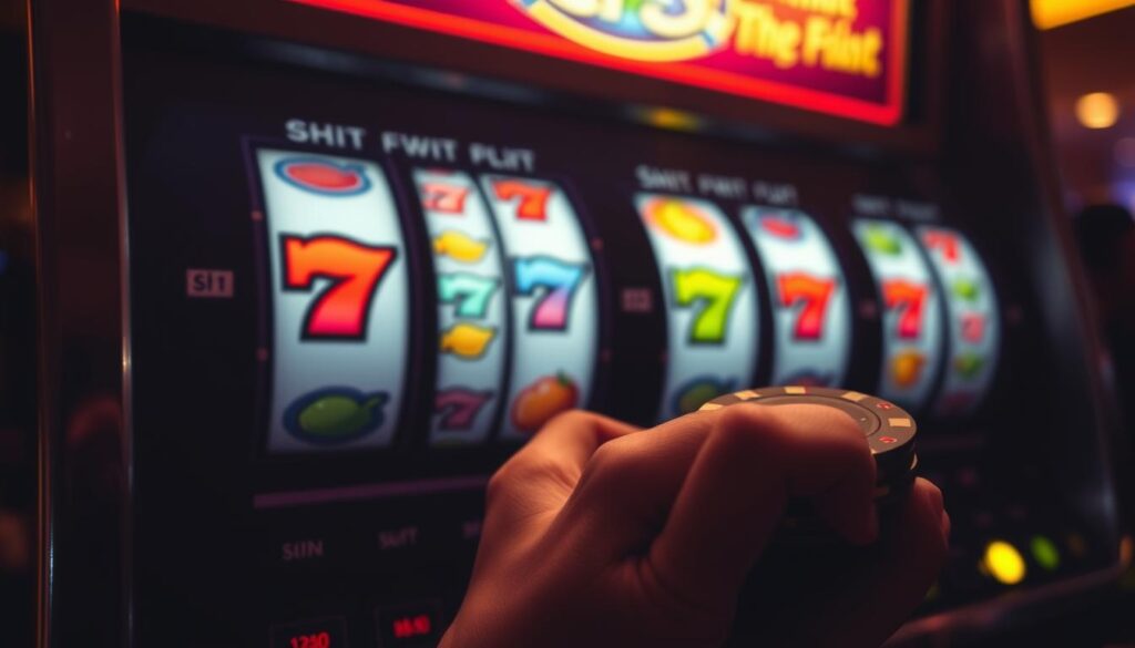 A close-up view of a slot machine's reels, each displaying a classic fruit symbol against a dimly lit, shadowy background. The machine's buttons and levers are prominently featured, conveying a sense of anticipation and the thrill of the gamble. Soft, warm lighting casts a hazy glow, creating an atmospheric and immersive environment. In the foreground, a hand holding a stack of casino chips, representing the player's bankroll and the importance of responsible management. The overall scene evokes the balance between the excitement of gaming and the discipline required for long-term success.
