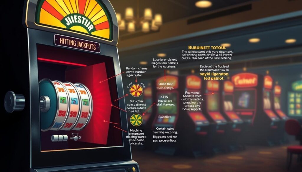 A detailed cross-section illustration depicting the myths surrounding "hitting jackpots" on slot machines. In the foreground, a slot machine's inner workings are exposed, showcasing the random number generator and payout mechanisms. The middle ground features various superstitious beliefs, such as lucky charms, certain spin patterns, and machine "hot" and "cold" streaks, all debunked through clear technical explanations. In the background, a dimly lit casino environment sets the atmospheric mood, with subtle lighting and shadows emphasizing the idea of demystifying slot machine odds. The illustration should convey a sense of clarity, rationality, and educational intent, guiding the viewer through the realities of how slots truly function.