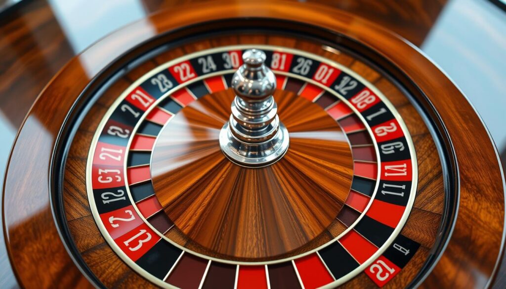 A detailed, high-resolution rendering of a classic roulette wheel layout, showcasing the wheel's intricate design and the arrangement of the numbered slots. The wheel is captured from an overhead angle, with a sharp, focused lens that highlights the vibrant, glossy texture of the wood and metal components. The lighting is natural, with subtle highlights that accentuate the wheel's circular symmetry and the bold, contrasting colors of the red and black numbered pockets. The background is subtly blurred, keeping the viewer's attention firmly on the centerpiece of the roulette wheel and its mesmerizing layout.