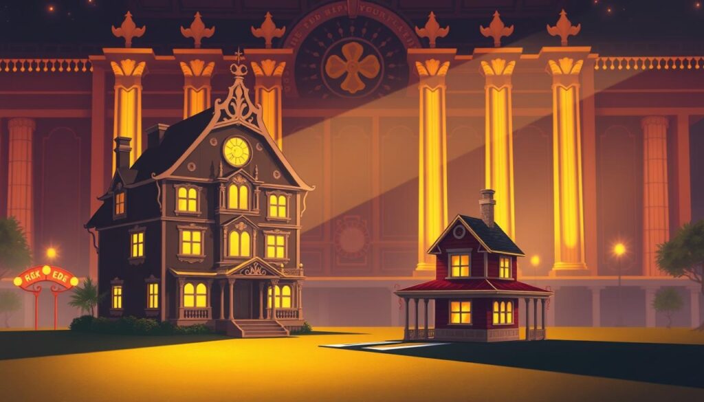 A detailed illustration of the risk versus reward dynamics in a parlay betting strategy. In the foreground, a large, ornate house representing the "house edge" casts a long, ominous shadow over a smaller, more modest home, symbolizing the gambler's stake. The background features a stylized casino facade, with flashing neon lights and towering columns, conveying the high-stakes, glamorous atmosphere of the gambling world. The scene is bathed in a warm, golden glow, creating a sense of allure and temptation, while subtle hints of darkness and foreboding suggest the inherent risks involved. The overall composition, with its contrasting scales and lighting, aims to visually capture the delicate balance between the potential for significant payouts and the dangers of overextending one's resources.