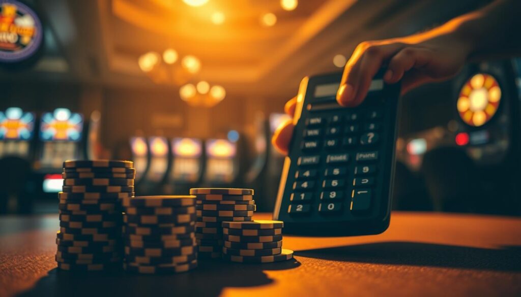 A dimly lit casino interior, the air thick with tension and the soft hum of slot machines. In the foreground, a stack of casino chips, carefully arranged to illustrate different bankroll management strategies. The chips are illuminated by a warm, golden light, casting dramatic shadows across the scene. In the middle ground, a hand holds a calculator, meticulously tracking wins, losses, and the ebb and flow of the gambler's fortune. The background is blurred, drawing the viewer's focus to the central elements of the composition - the bankroll, the calculator, and the strategic decision-making process. The overall mood is one of contemplation, with a sense of the high stakes and the need for discipline in the world of gambling.