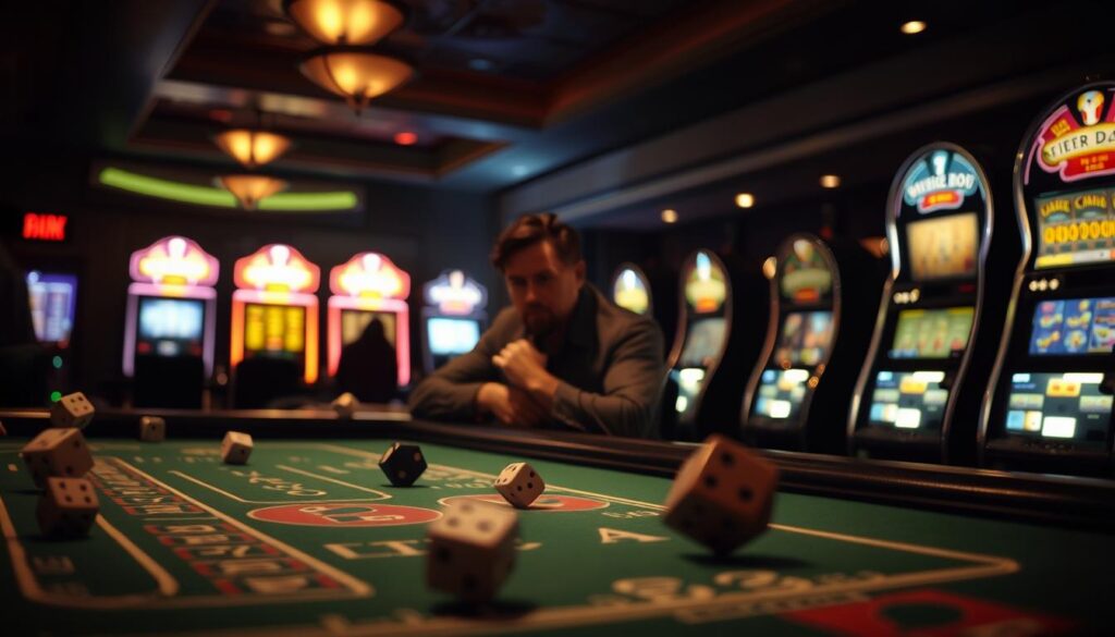 A dimly lit casino interior, with a sense of hushed anticipation. In the foreground, a craps table, its green felt surface illuminated by the warm glow of overhead lights. Dice tumble across the table, their shadows dancing on the surface. In the middle ground, a player contemplates their next move, their face etched with a mixture of concentration and cautious optimism. In the background, a row of slot machines blink and chime, their allure tempting but ultimately illusory. The atmosphere is one of calculated risk, where the house's edge is ever-present, a subtle but persistent force that slowly whittles away at the player's fortune over time.