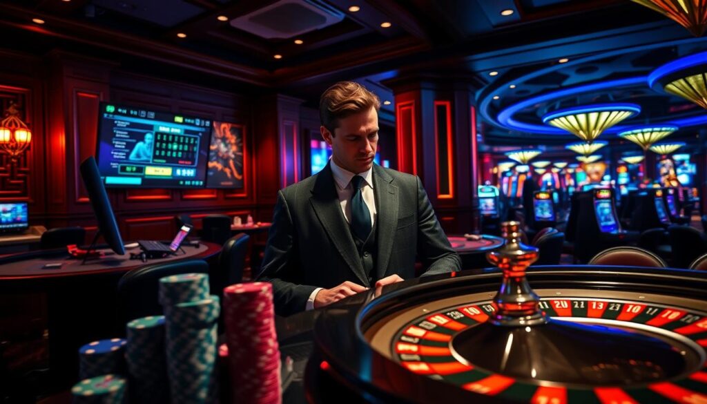 A dimly lit casino interior with a vibrant contrast between the sleek, neon-lit online gaming setup and the classic, wood-paneled ambiance of the land-based gambling tables. In the foreground, stacks of casino chips and a roulette wheel symbolize the financial stakes. The middle ground showcases a well-dressed high roller evaluating the options, torn between the convenience of online play and the allure of the physical casino experience. In the background, a panoramic view of the bustling casino floor reveals the stark differences in atmosphere and energy between the two gambling realms. The lighting is dramatic, casting long shadows and highlighting the tension between these divergent gambling worlds.