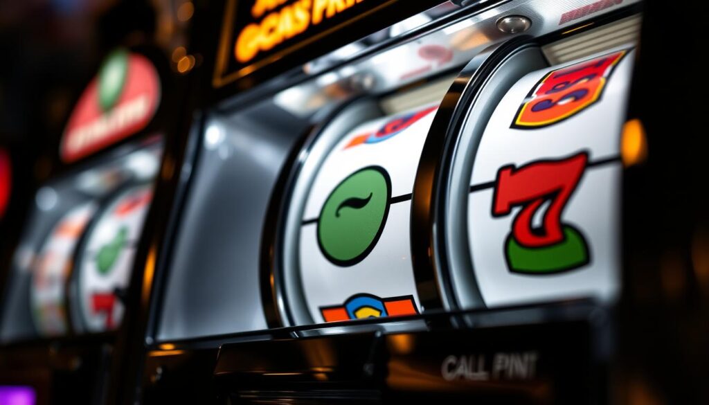 A high-contrast, close-up view of a classic three-reel slot machine, bathed in dramatic lighting that accentuates the machine's metallic details and bold, colorful symbols. The reels spin, their motion captured in a freeze-frame moment, highlighting the anticipation and excitement of the game. The background is blurred, keeping the focus on the intricate mechanics and aesthetics of the slot machine itself, conveying the sense of chance and the thrill of potential payouts. A high-contrast, close-up view of a classic three-reel slot machine, bathed in dramatic lighting that accentuates the machine's metallic details and bold, colorful symbols. The reels spin, their motion captured in a freeze-frame moment, highlighting the anticipation and excitement of the game. The background is blurred, keeping the focus on the intricate mechanics and aesthetics of the slot machine itself, conveying the sense of chance and the thrill of potential payouts.