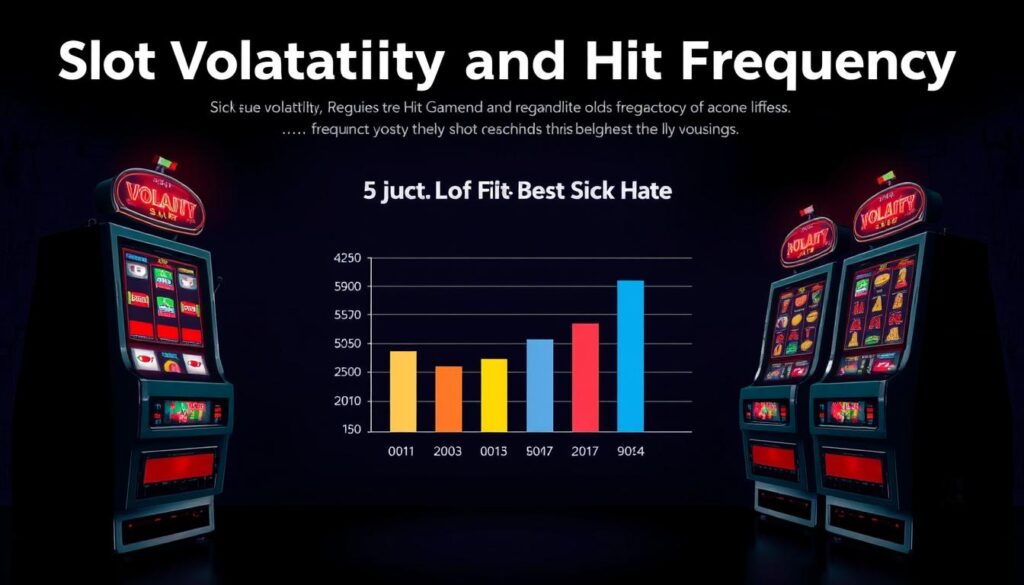 A high-contrast, digital illustration showcasing the volatility and hit frequency of slot machine odds. In the foreground, three slot machines stand side-by-side, their reels spinning with a blur of symbols. The middle ground features a detailed chart comparing the volatility and hit frequency of different slot games, represented by color-coded bars. The background is a dark, moody gradient, emphasizing the technical and data-driven nature of the subject matter. Dramatic lighting casts shadows and highlights the mechanical details of the slot machines, creating a sense of depth and visual interest. The overall tone is one of analytical precision, guiding the viewer through the complexities of slot machine odds and payouts.