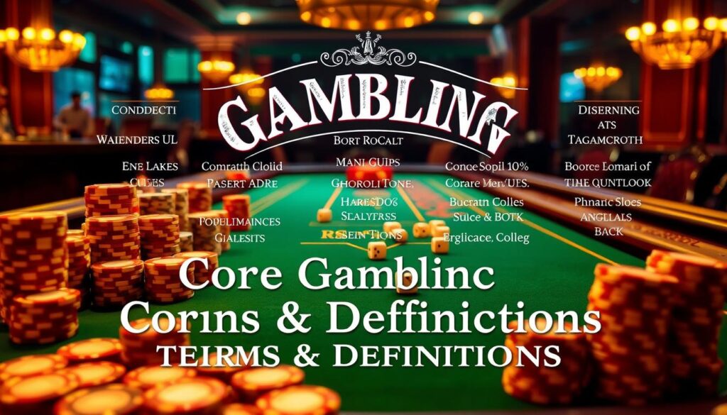 A high-stakes casino table, bathed in a warm, amber glow. Stacks of gleaming chips, dice tumbling across the green felt, and a collection of classic gambling terms elegantly displayed in a stylized, vintage design. The scene conveys a sense of excitement and sophistication, capturing the essence of the "Core Gambling Terms & Definitions" section of the article.