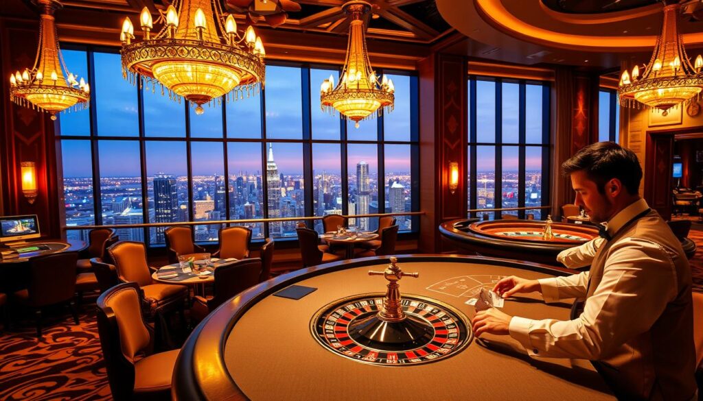 A lavish casino interior with a live dealer gaming table in the foreground. The table is illuminated by warm, golden lighting, creating an inviting and atmospheric ambiance. Elegant chandeliers and plush furnishings adorn the middle ground, while the background showcases a panoramic view of a bustling city skyline through large, ornate windows. The dealer is engaged with players, their hands expertly dealing cards or spinning a roulette wheel. The overall scene conveys the excitement and sophistication of a high-end table gaming experience.