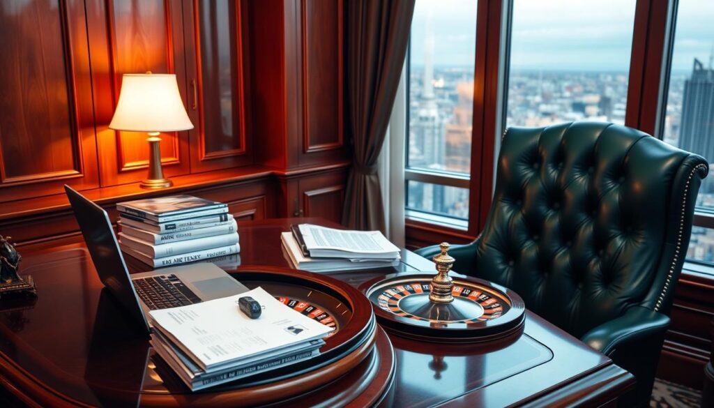 A luxurious home office scene with a mahogany desk, green leather chair, and a large window overlooking a cityscape. On the desk, a laptop, a stack of betting strategy books, and a roulette wheel, symbolizing the careful planning and risk management required for successful roulette play. Warm, directional lighting creates a contemplative atmosphere, while the city vista in the background suggests the broader context of the player's financial decisions. The overall composition conveys the importance of approaching roulette with a disciplined, analytical mindset to minimize the house edge and manage one's bankroll effectively.