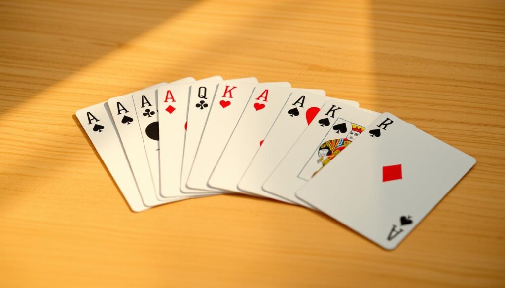 A neatly arranged display of playing cards representing the key card values in the game of blackjack. The cards are placed on a clean, wooden surface, illuminated by warm, natural lighting that casts subtle shadows, creating depth and texture. The cards are displayed in an organized manner, with the Ace, 2-10, and face cards (Jack, Queen, King) prominently featured, showcasing the fundamental card values that players need to understand when playing blackjack. The overall composition is minimalistic and elegant, highlighting the simplicity and importance of mastering the basic card values in this classic casino game.