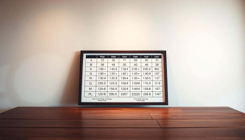 A neatly organized blackjack basic strategy chart against a clean, minimalist background. The chart is displayed on a wooden table, illuminated by soft, warm lighting that casts gentle shadows. The table is positioned in a serene, uncluttered environment, with a subtle gradient or texture in the background to provide visual interest without distracting from the main focus. The chart itself is presented in a clear, legible format, showcasing the various player and dealer hand combinations along with the optimal actions to take. The overall composition should convey a sense of clarity, practicality, and focus, reflecting the informative nature of the content.