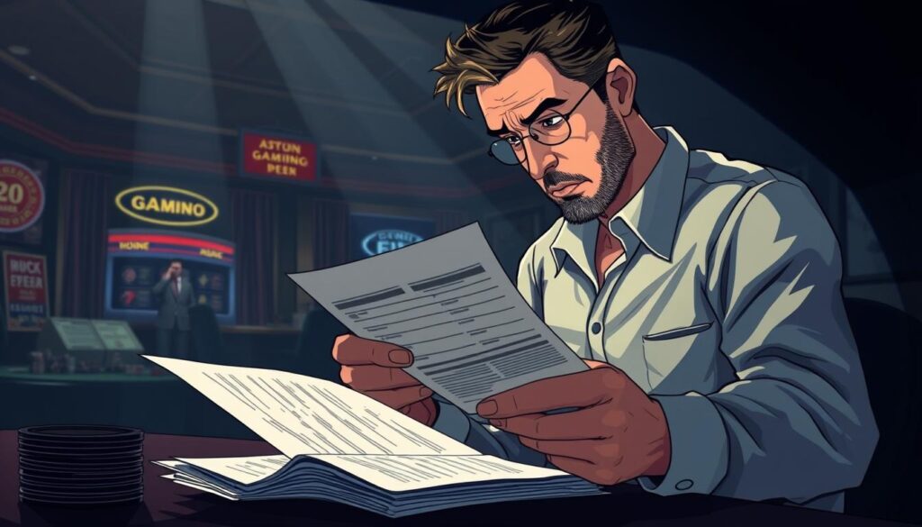 A realistic illustration of a person carefully examining documents and financial records, with a concerned expression, set against a backdrop of a shadowy, ominous gambling den. Dramatic lighting casts long shadows, emphasizing the sense of caution and vigilance. The foreground is in sharp focus, while the background is slightly blurred, directing the viewer's attention to the central figure. The overall mood is one of thoughtfulness and wariness, conveying the importance of being alert to potential scams in the gambling industry.