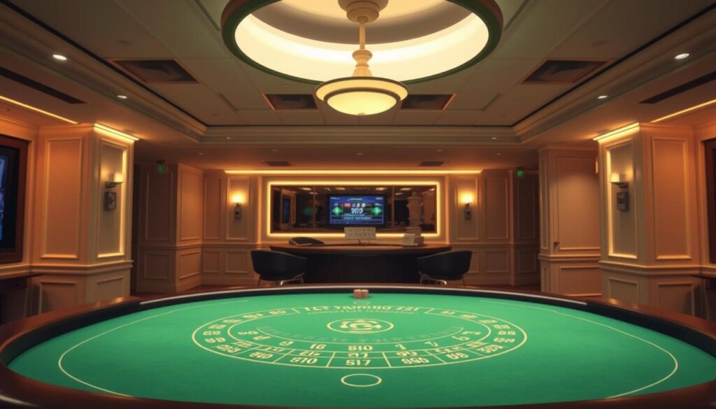 A serene, well-lit online casino interior with a central baccarat table. The table is pristine, its green felt surface inviting players to join. Overhead, a soft, diffused light creates a warm, welcoming ambiance. In the background, discreet security measures are in place, such as surveillance cameras and access controls, ensuring the safety and fairness of the game. The overall atmosphere conveys a sense of professionalism, security, and player trust, ideal for an article on playing baccarat safely online.