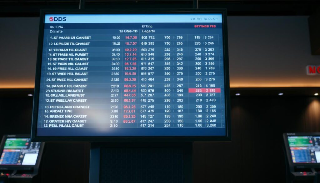 A sports betting odds display with a clean, modern aesthetic. In the foreground, a digital screen showcases a dynamic array of odds and betting lines for various sporting events, presented in a clear and organized manner. The middle ground features betting kiosks or terminals, their sleek designs inviting user interaction. The background is a subdued, minimalist setting, perhaps an upscale sportsbook or lounge, with subtle lighting and neutral-toned decor that emphasizes the focal point of the odds display. The overall scene conveys a sense of professionalism, efficiency, and the excitement of sports betting.