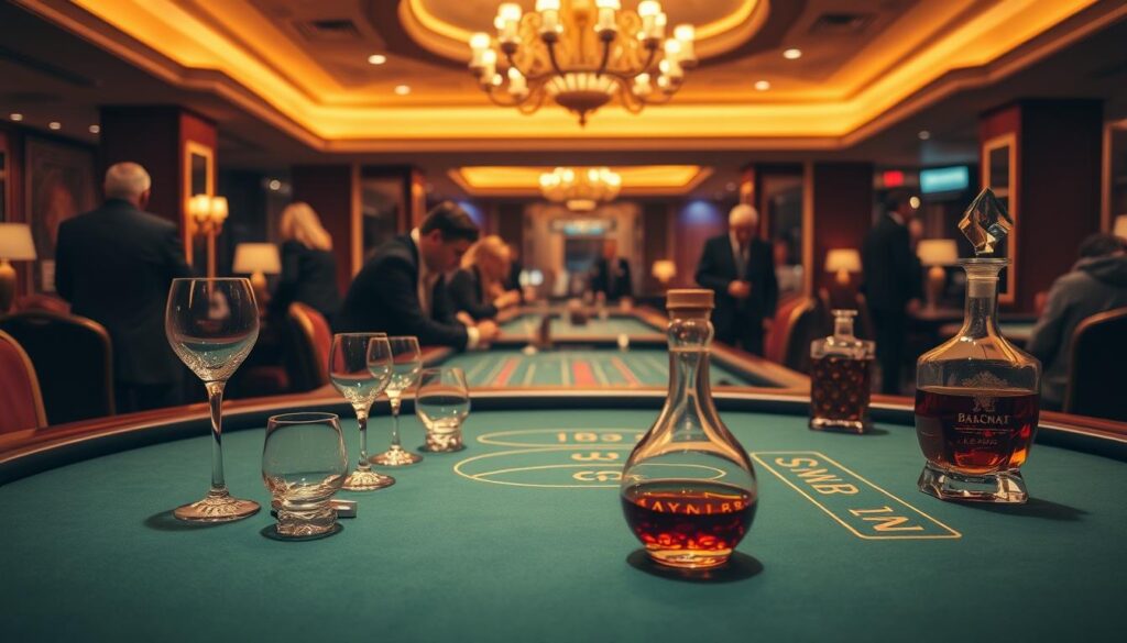 A tranquil casino interior, dimly lit with warm, golden tones. In the foreground, a baccarat table takes center stage, its green felt surface inviting players to try their luck. Elegant crystal glassware and a sophisticated decanter of brandy sit nearby, setting the mood. In the middle ground, well-dressed patrons lean in, intently focused on the unfolding game. The background is hazy, with the faint silhouettes of other gaming tables and the occasional flash of a chandelier overhead. An atmosphere of quiet concentration and anticipation pervades the scene, capturing the essence of a thoughtful, beginner-friendly baccarat strategy.
