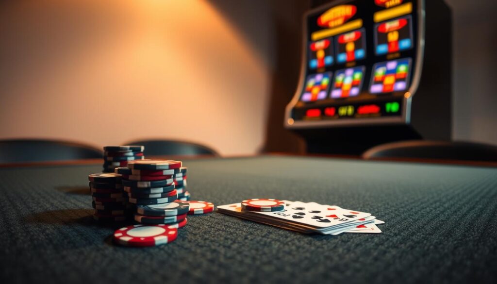 A well-lit and detailed tabletop scene showcasing the classic game of video poker. In the foreground, a felt-covered table with a deck of cards, poker chips, and a sleek video poker machine with vibrant digital displays. The middle ground features a neutral-toned background, creating a focused and immersive environment. Soft, warm lighting casts a subtle glow, highlighting the game elements and creating an inviting atmosphere. The camera angle is slightly elevated, providing a clear and comprehensive view of the video poker setup. This image aims to visually represent the rules and mechanics of this popular casino game within the broader context of poker.