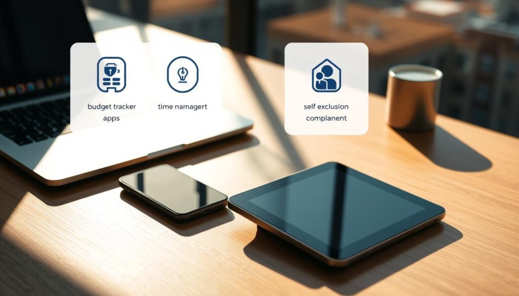 A well-lit desktop scene with a laptop, smartphone, and various digital tools used for responsible gambling, such as budget trackers, time management apps, and self-exclusion settings. The devices are arranged neatly on a wooden surface, casting soft shadows. The overall mood is calm and organized, conveying a sense of control and mindfulness. The lighting is warm and natural, highlighting the modern, minimalist design of the devices. The background features a blurred cityscape, suggesting the digital tools are integrated into a wider online environment.