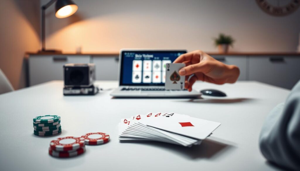 A well-lit table showcases the fundamentals of online poker. In the foreground, a player's hands hold a set of cards, with poker chips and a stylized deck nearby, conveying the essentials of the game. The middle ground features a laptop or tablet, indicating the digital setting, with a clean, intuitive interface displaying basic gameplay elements. The background subtly suggests a modern, minimalist home office or gaming space, creating a calm, focused atmosphere for a beginner's poker session. Soft, directional lighting accentuates the scene, while a subtle depth of field draws the viewer's attention to the key details. This image aims to provide a clear, approachable representation of the basic rules and etiquette of online poker for a novice player.
