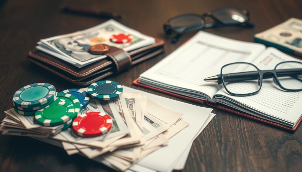 A well-organized and meticulously-planned gambling budget strategy, depicted through a detailed still life composition. In the foreground, a neatly arranged stack of banknotes, casino chips, and a classic leather wallet. The middle ground showcases a ledger book with carefully handwritten calculations, a pen, and a pair of eyeglasses, all resting on a dark wooden table. The background features a soft, warm lighting, creating a sense of focus and thoughtfulness. The overall mood is one of strategic planning, financial discipline, and the responsible pursuit of gambling as a recreational activity.