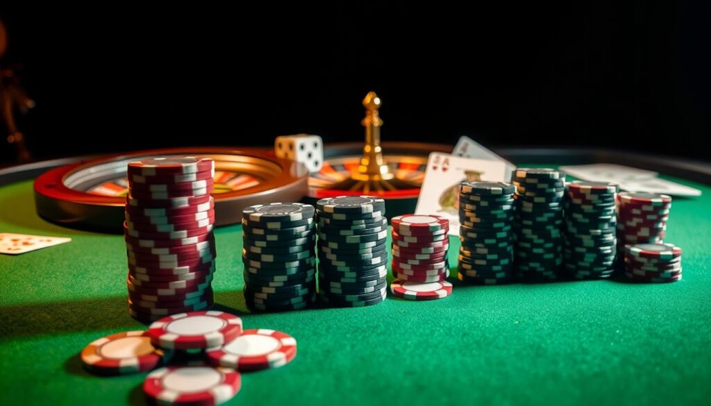 A well-organized bankroll management strategy unfolds on a green felt table, illuminated by a warm overhead light. In the foreground, neatly stacked piles of poker chips in varying denominations represent disciplined bankroll allocation. The middle ground showcases a pair of dice, a roulette wheel, and playing cards, symbolizing the range of gambling options. In the background, a chiaroscuro-style composition creates an air of contemplation, highlighting the need for strategic decision-making in the face of chance. The overall scene conveys the careful balance between risk and reward that defines successful gambling bankroll management.