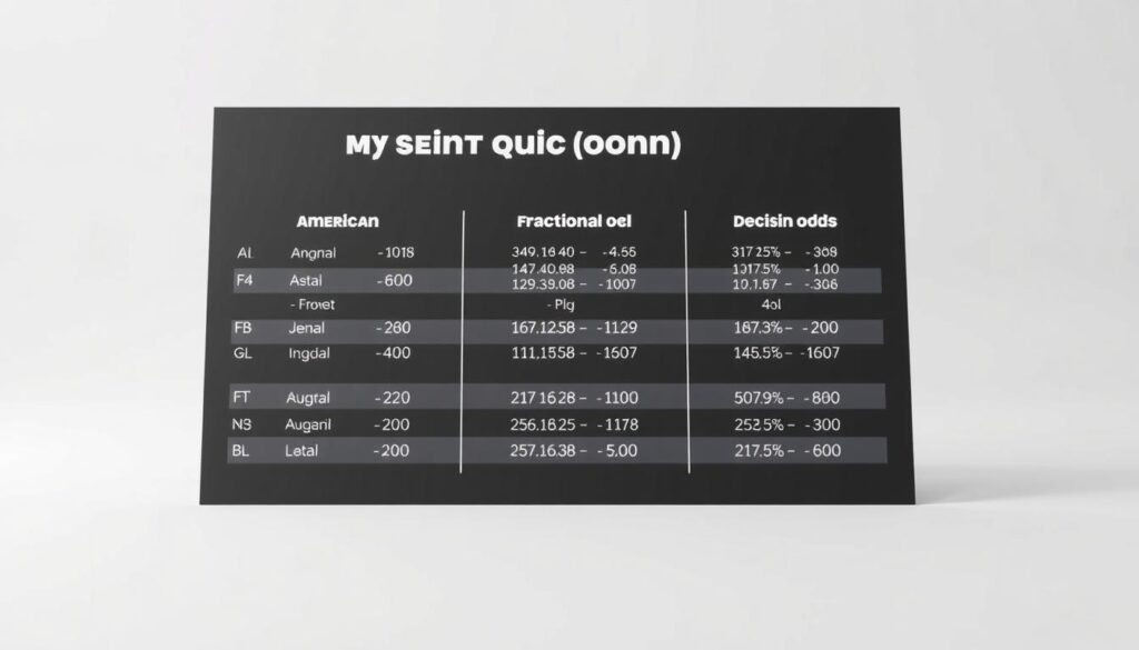 Detailed sports betting odds conversion chart, showcasing the relationships between American, Fractional, and Decimal odds formats. Positioned on a clean, minimalist background with soft, even lighting. The chart features a sleek, modern design with clear, legible typography and intuitive layout, making it easy to understand and reference for new and experienced bettors alike. A subtle gradient adds depth and visual interest, while the overall composition conveys a sense of professionalism and authority on the subject of sports betting odds.
