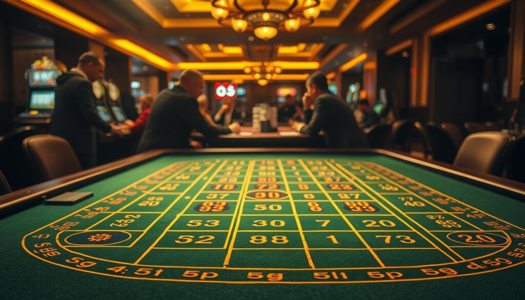 A crisp, high-resolution image of a sic bo betting layout in a dimly lit casino setting. The table is positioned in the foreground, its green felt surface illuminated by warm, golden lighting that casts dramatic shadows. The layout is meticulously detailed, showcasing the various betting options and numeric combinations. In the middle ground, the table is surrounded by a handful of players, their faces obscured in shadow, focused intently on their wagers. The background is blurred, hinting at the larger casino environment, with subtle details like the edge of a slot machine or the corner of a blackjack table visible. The overall atmosphere is one of excitement and anticipation, capturing the essence of the sic bo gaming experience.