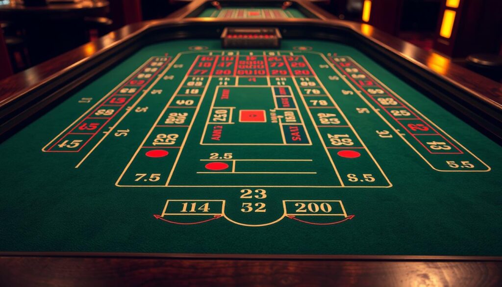 A highly detailed and realistic craps table layout, captured under warm and inviting casino lighting. The table surface is covered in a rich green felt, adorned with precisely marked betting areas, numbers, and symbols. The edges are trimmed with a dark wooden frame, adding a classic casino ambiance. The table is viewed from an angle, showcasing the depth and three-dimensional nature of the layout. The lighting casts subtle shadows, emphasizing the texture and depth of the table elements. The overall composition creates a visually striking and immersive scene, perfect for illustrating the craps table layout.