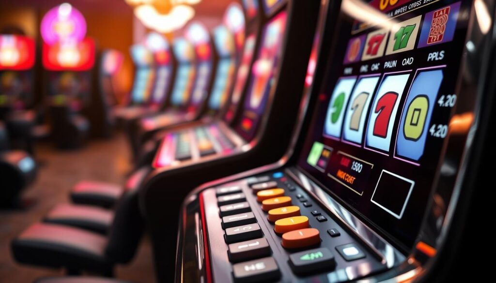 A highly detailed, photorealistic illustration of a slot machine display showcasing the game's odds and payout information. The foreground features the slot machine's control panel, highlighting the various buttons, levers, and digital readouts that convey the odds and payouts. The middle ground depicts the spinning reels, with symbols clearly visible, providing a sense of the game in action. The background blurs out, maintaining focus on the critical information related to slot odds verification. The lighting is natural, creating depth and emphasizing the sleek, modern design of the slot machine. The overall mood is one of transparency and trustworthiness, conveying the importance of understanding the game's mechanics to avoid potential scams.