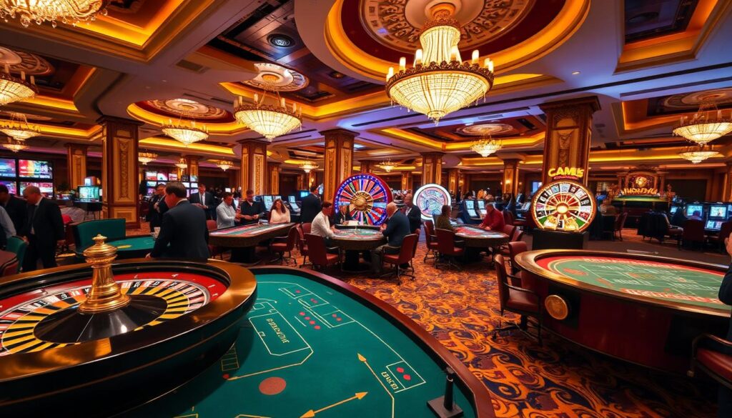 A luxurious casino interior with a focus on specialty gaming tables. In the foreground, a well-lit roulette wheel and a craps table surrounded by smartly dressed players. In the middle ground, a baccarat table and a unique wheel of fortune game, their ornate designs catching the eye. The background features high ceilings, opulent chandeliers, and ornate pillars, creating an atmosphere of elegance and excitement. Warm lighting casts a inviting glow, while the camera angle captures the energy and dynamism of the specialty casino floor.