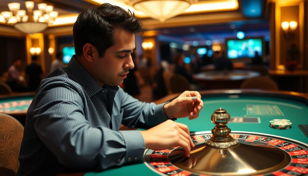 A responsible gambler carefully studying a roulette table, their expression one of focused concentration. The table's green felt surface reflects the warm glow of subtle overhead lighting, casting a contemplative mood. In the background, the casino's elegant decor and muted chatter create a sense of refinement. The player's hands delicately handle casino chips, considering their next strategic move with discipline and restraint. An air of thoughtful contemplation pervades the scene, emphasizing the importance of responsible roulette practice.