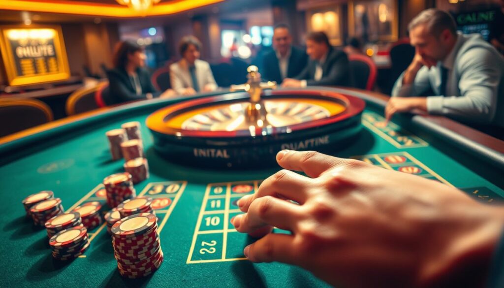 A roulette table bathed in warm, golden light, the green felt surface dotted with stacks of casino chips in a variety of denominations. In the foreground, a hand expertly places bets on specific numbers and combinations, the fingers poised with the calculated precision of a seasoned gambler. In the middle ground, the roulette wheel spins, its metallic components gleaming under the soft illumination, the ball tracing an hypnotic arc as it prepares to land on its final destination. In the background, the hushed atmosphere of the casino, other players leaning in with rapt attention, the air thick with anticipation and the thrill of the game.