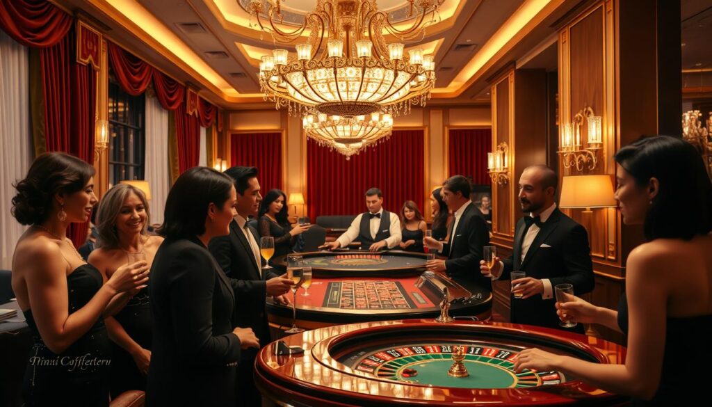 A sophisticated casino interior with plush velvet curtains, polished mahogany tables, and a warm, inviting atmosphere. In the foreground, a group of stylishly dressed patrons engaged in friendly conversation, demonstrating proper casino etiquette - making eye contact, speaking softly, and graciously offering drinks. In the middle ground, a croupier presiding over a roulette table, their movements precise and elegant. The background features a grandiose chandelier casting a soft, golden glow over the scene, creating an air of exclusivity and refinement.