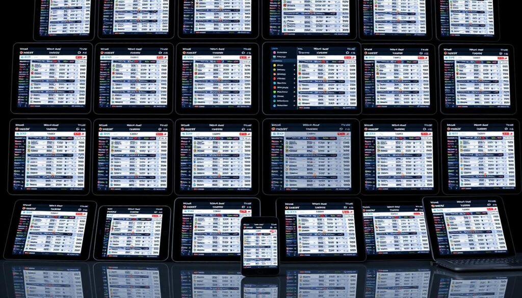 A detailed comparison of moneyline odds across multiple sportsbook interfaces, showcasing the differences in real-time betting lines. A high-resolution, wide-angled view of various mobile devices and desktop screens arrayed in a grid, each displaying a different sportsbook's moneyline odds for the same sporting event. Realistic lighting and reflections, with a clean, uncluttered background to emphasize the data. The scene conveys a sense of informed decision-making, empowering the viewer to make the most advantageous betting choices.