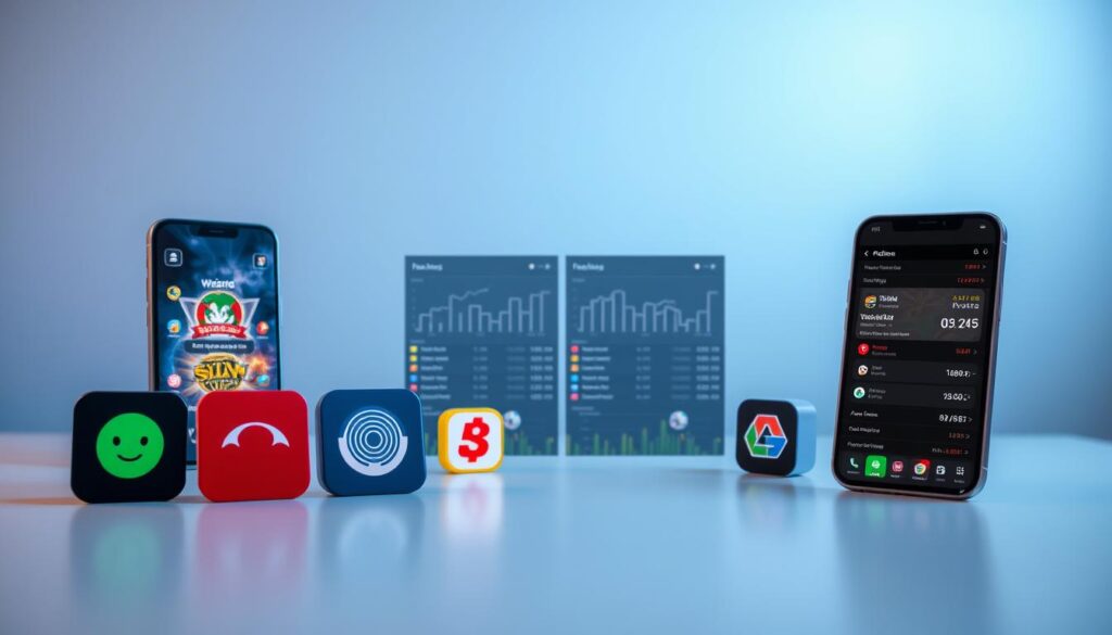 A detailed comparison of the leading sports betting apps, showcased in a sleek, modern layout. In the foreground, the app icons are displayed prominently, each with a distinct visual style and branding. The middle ground features detailed statistical charts and performance metrics, allowing users to make informed comparisons. The background is a subtle gradient, providing a clean and sophisticated look. The lighting is soft and diffused, creating a sense of depth and clarity. The camera angle is slightly elevated, giving the viewer a comprehensive overview of the scene. The overall mood is professional, informative, and designed to assist users in selecting the best sports betting app for their needs.