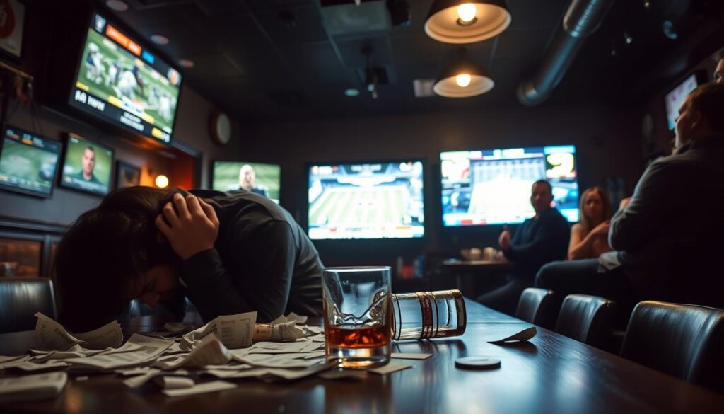 A dimly lit sports bar, the air thick with the tension of high-stakes NFL betting. In the foreground, a man slumps over a table, hands buried in his hair, surrounded by crumpled betting slips and an overturned glass of whiskey. The middle ground reveals a large TV screen, displaying the game's final score, the over/under bets painfully missed. In the background, other patrons watch the scene, their expressions a mix of empathy and schadenfreude. The lighting is low and moody, casting long shadows and highlighting the dejection of the man's posture. The overall atmosphere conveys the agony of making the wrong call, a cautionary tale of the pitfalls of NFL betting.