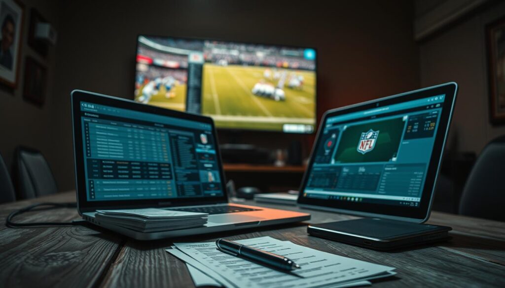 A high-contrast, cinematic image of a professional sports bettor's desk, featuring an open laptop displaying various NFL prop bet odds and parlay strategies. In the foreground, a stack of betting slips and a pen rests on a weathered wooden surface. The middle ground showcases a sports analytics dashboard with detailed statistics and player performance data. In the background, a large wall-mounted TV broadcasts a live NFL game, casting a warm, dramatic glow over the scene. The overall mood is one of intense focus, strategic planning, and the thrill of potential winnings from expertly crafted prop bet parlays.