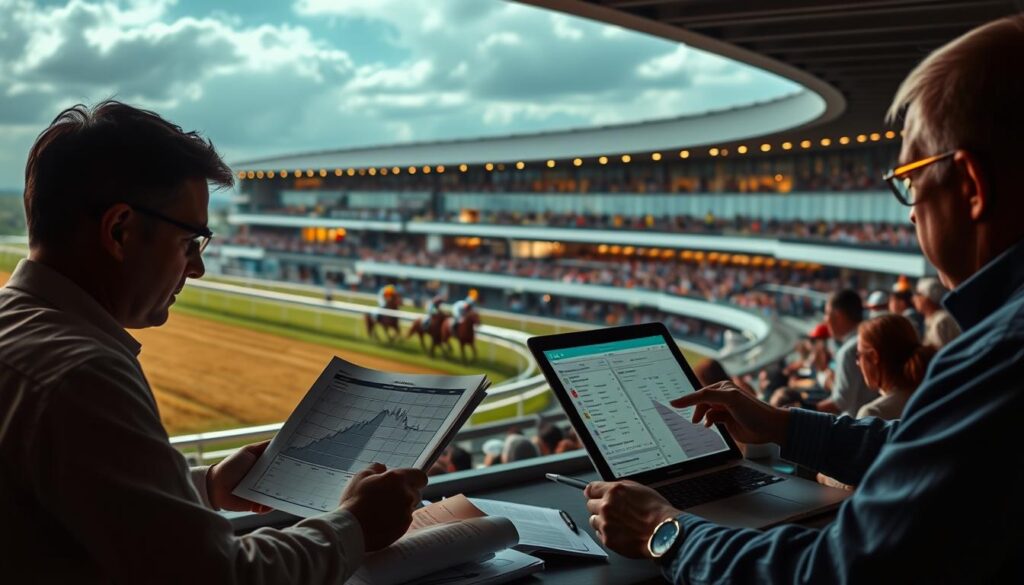 A high-definition, cinematic image of a horse racing match preview analysis. The foreground features a group of expert handicappers studying race programs, charts, and data intently, their faces illuminated by the glow of laptop screens. In the middle ground, a stunning view of the racetrack, with horses and jockeys thundering down the stretch, with the crowd in the stands cheering passionately. The background is a panoramic vista of the grandstand, with dramatic lighting and shadows creating a sense of anticipation and excitement. The overall mood is one of serious analysis and intense spectacle, with a touch of cinematic flair.