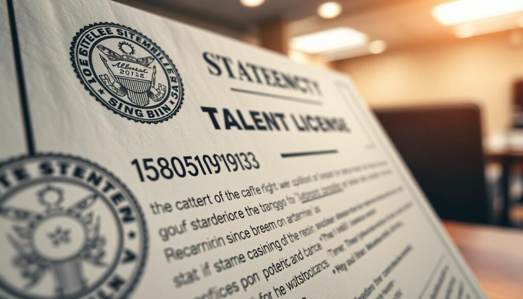 A meticulously detailed close-up shot of a state gambling license verification document, captured with a crisp, high-resolution lens. The foreground showcases the official seal, serial number, and holographic security features that validate the license's authenticity. The middle ground presents the printed text outlining the licensing requirements and regulatory information. In the background, a subtly blurred, neutral-toned office setting suggests a professional, administrative context. Warm, directional lighting from the side casts subtle shadows, accentuating the textural elements and lending a sense of depth and dimension to the image.