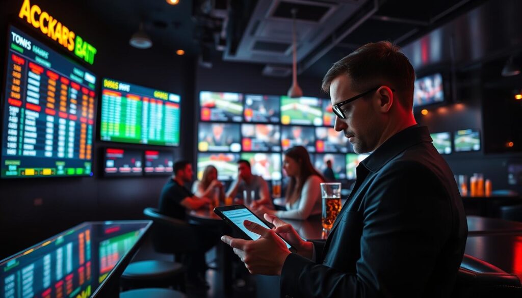 A neon-lit sports betting lounge, sleek and modern, with a large video wall displaying live odds and scores. In the foreground, a focused bettor intently studying a tablet, fingers poised over a betting app. The middle ground features a group of friends excitedly discussing strategy, drinks in hand. In the background, the dimly lit room is peppered with smaller screens showcasing various matches, creating an immersive atmosphere of anticipation and analysis. Soft ambient lighting casts a warm glow, while the occasional flash of a scoreboard update adds a sense of urgency. The overall mood is one of intense concentration, calculated risk, and the thrill of the game.