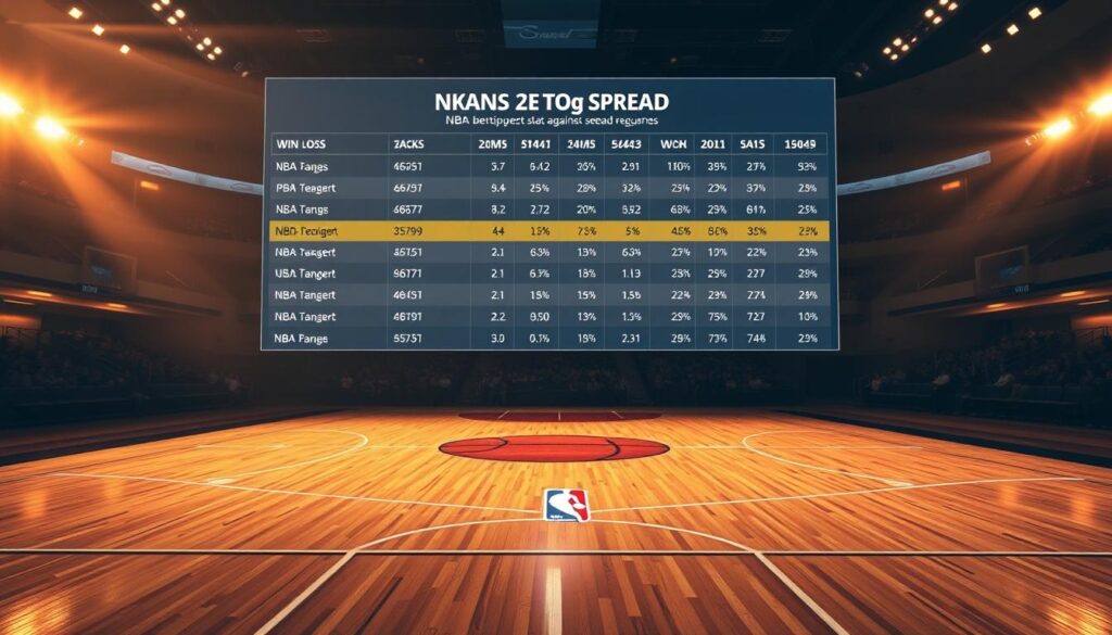 A pristine basketball court, illuminated by warm, dramatic lighting, forms the centerpiece of the composition. Hovering above the court, a vibrant data visualization displays a comprehensive set of NBA betting stats against the spread, including win-loss records, point differentials, and other key metrics. The visualization is rendered in a sleek, modern style, with clean typography and a color palette that complements the basketball court. In the background, a dimly lit arena setting provides a sense of scale and depth, with the audience and spectators fading into the shadows, allowing the data to take center stage. The overall atmosphere is one of analytical focus and strategic contemplation, inviting the viewer to delve into the key stats that can inform successful NBA betting strategies.