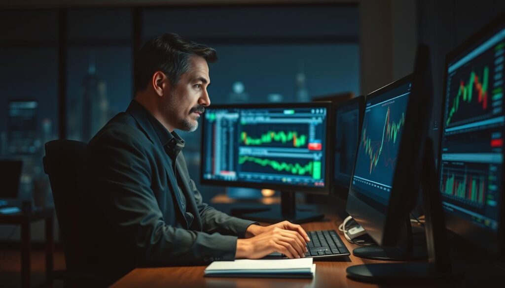 A professional financial analyst sits at a desk, intently reviewing stock charts and market data displayed on multiple computer screens. The room is dimly lit, with focused lighting illuminating the analyst's workspace, creating a sense of intense concentration and dedication. The background features a blurred cityscape, hinting at the broader financial landscape that informs the analysis. The analyst's expression conveys a sense of expertise and a proven track record in interpreting complex data to make informed decisions.