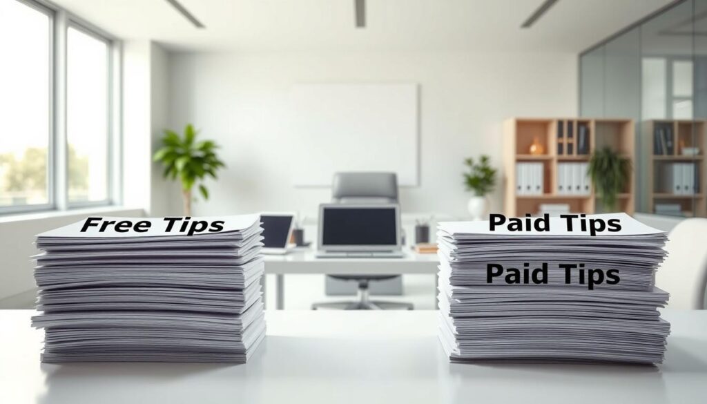 A side-by-side comparison of free and paid sports betting tips, set against a crisp, professional backdrop. In the foreground, two stacks of paper - one marked "Free Tips", the other "Paid Tips" - stand in contrast, highlighting the key differences. The middle ground features a sleek, modern desk with a laptop, smartphone, and various betting paraphernalia, conveying the tech-savvy nature of the industry. The background is a clean, minimalist office space with large windows, allowing natural light to illuminate the scene and create a sense of professionalism and credibility. The overall mood is one of analytical decision-making, where the viewer is invited to consider the merits of free versus paid sports betting advice.