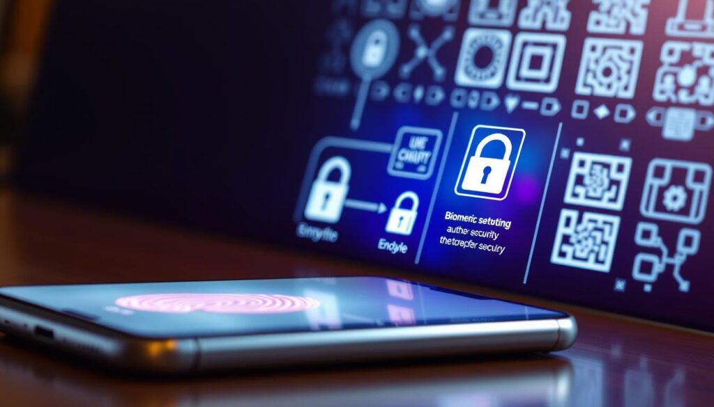 A sleek mobile device displays a secure betting app interface, featuring layered security elements. The foreground showcases biometric authentication, with a fingerprint sensor glowing subtly. The middle ground highlights encrypted data transfer, illustrated by a padlock icon and digital security patterns. In the background, a subtle grid of QR codes and security seals conveys the robust verification processes. The lighting is soft and warm, creating an atmosphere of trustworthiness and technological sophistication. The angle is slightly tilted, providing an engaging perspective that invites the viewer to explore the app's security features.