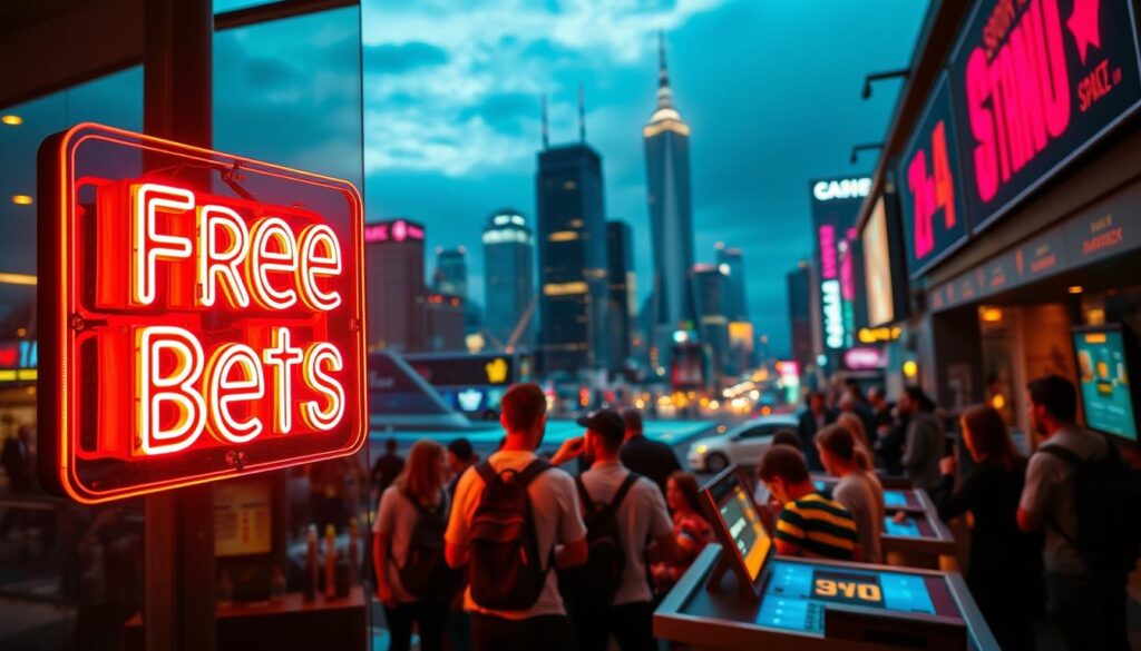 A sports betting arena set against a vibrant urban backdrop, with a neon sign showcasing "Free Bets" in the foreground. The scene is bathed in warm, golden lighting, creating a lively and inviting atmosphere. In the middle ground, a group of enthusiastic bettors is gathered around a sports betting kiosk, examining their options and anticipating their next wager. In the background, the cityscape is alive with bustling activity, reflecting the excitement and energy of the sports betting industry. The overall composition conveys the thrill and potential rewards of leveraging sportsbook promotions and bonuses. A sports betting arena set against a vibrant urban backdrop, with a neon sign showcasing "Free Bets" in the foreground. The scene is bathed in warm, golden lighting, creating a lively and inviting atmosphere. In the middle ground, a group of enthusiastic bettors is gathered around a sports betting kiosk, examining their options and anticipating their next wager. In the background, the cityscape is alive with bustling activity, reflecting the excitement and energy of the sports betting industry. The overall composition conveys the thrill and potential rewards of leveraging sportsbook promotions and bonuses.