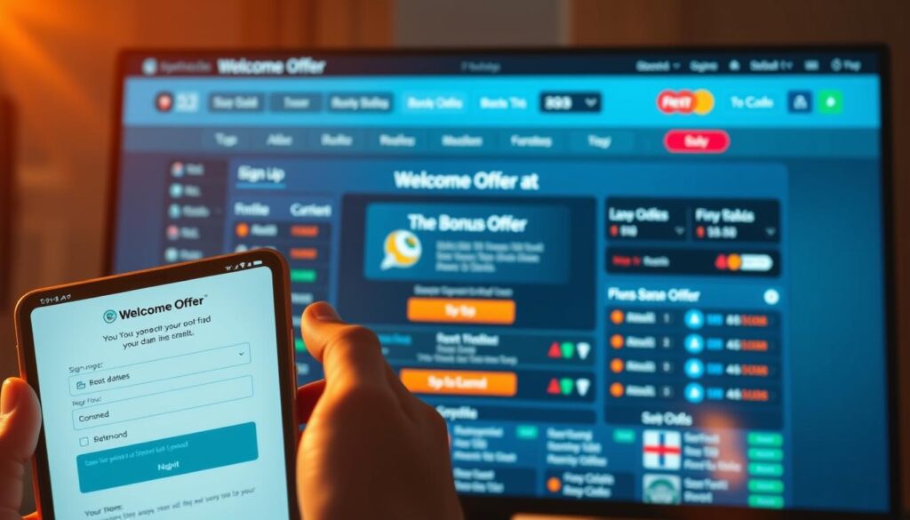 A vibrant sportsbook welcome offer process unfolding against a sleek, modern interface. In the foreground, a hand holds a mobile device displaying a streamlined sign-up form, inviting the user to input their details. In the middle ground, a series of interactive buttons and options guide the user through the bonus claim process, with clear instructions and visuals. The background features a sophisticated sports betting dashboard, showcasing live odds, event listings, and a welcoming color palette of blues and grays. Warm, directional lighting illuminates the scene, creating depth and emphasizing the user-friendly experience. The overall mood is one of efficiency, trust, and excitement for the upcoming sports events. A vibrant sportsbook welcome offer process unfolding against a sleek, modern interface. In the foreground, a hand holds a mobile device displaying a streamlined sign-up form, inviting the user to input their details. In the middle ground, a series of interactive buttons and options guide the user through the bonus claim process, with clear instructions and visuals. The background features a sophisticated sports betting dashboard, showcasing live odds, event listings, and a welcoming color palette of blues and grays. Warm, directional lighting illuminates the scene, creating depth and emphasizing the user-friendly experience. The overall mood is one of efficiency, trust, and excitement for the upcoming sports events.