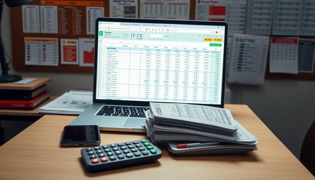 A well-lit, high-resolution image of a sports bettor's desk, featuring a laptop, smartphone, and a spreadsheet open on the screen, displaying detailed bet tracking and risk management data. In the foreground, a stack of betting slips and a calculator sit atop the desk, conveying a sense of diligent record-keeping. The background showcases a bulletin board with sports event schedules, odds, and analytical notes, creating an atmosphere of a dedicated, data-driven approach to sports betting. Soft, directional lighting casts a focused, serious tone, and the camera angle provides a birds-eye view, emphasizing the importance of this organized, risk-conscious betting strategy.