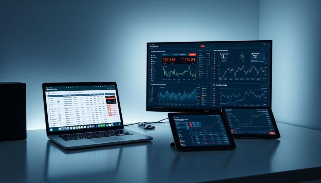 An elegant, minimalist desktop setup showcasing a suite of NBA betting analysis tools. A sleek, aluminum laptop displays live betting lines and odds, flanked by a high-resolution monitor streaming real-time data visualizations. Nearby, a tablet displays historical trends and predictive models, all bathed in the cool glow of indirect lighting. The overall atmosphere is one of focused professionalism, with a clean, modern aesthetic that reflects the precision and sophistication of the tools at hand.