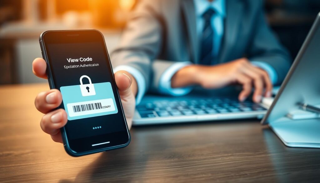 A close-up scene showcasing two-factor authentication (2FA) security. In the foreground, a smartphone displaying a security app with a glowing padlock symbol and a notification for a verification code, emphasizing modern technology. The middle layer features a hand, dressed in professional business attire, entering the code into a laptop, symbolizing the active process of securing accounts. The background consists of a blurred office setting with elements like a computer monitor and a notepad, conveying a sense of professionalism. Soft, warm lighting creates an inviting atmosphere, highlighting the importance of security. Capture this in a slightly above eye-level angle to focus on the interaction and technology while maintaining a clean, organized appearance.