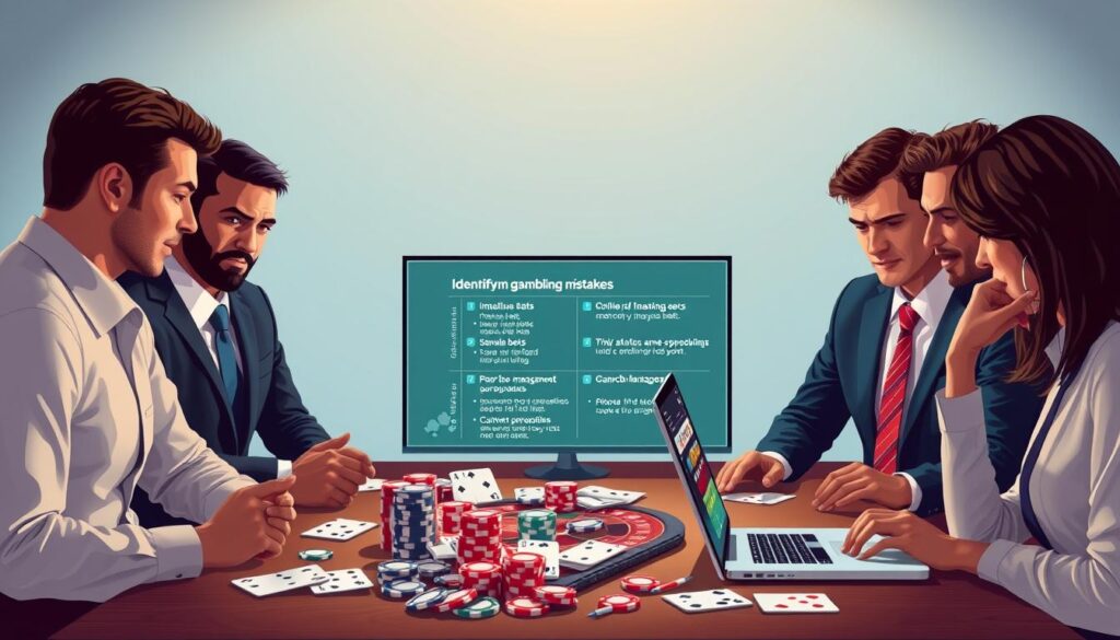 A conceptual illustration depicting the theme of "identifying gambling pitfalls." In the foreground, feature a diverse group of individuals in professional business attire, closely examining a digital interface displaying common online gambling mistakes, such as impulsive bets and poor bankroll management. In the middle ground, show a table cluttered with various gambling elements—playing cards, chips, and a laptop with an active online casino screen. In the background, a soft gradient of blues and grays creates a calm yet slightly tense atmosphere, mimicking the high-stakes environment of online gambling. The lighting should be warm and inviting, simulating a cozy, yet focused, workspace. Use a medium shot angle to create intimacy and engagement with the scene.