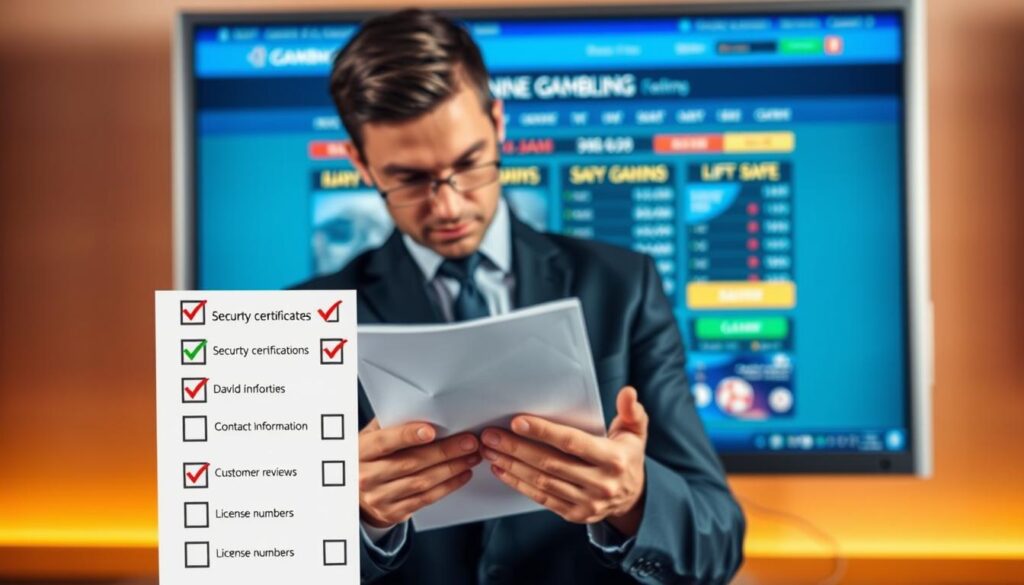 A detailed checklist for identifying fake online gambling sites, designed as an infographic. In the foreground, a stylized checklist with clear boxes and vibrant icons representing key verification points like security certificates, contact information, customer reviews, and license numbers. In the middle, a professional-looking businessperson in smart attire, examining the checklist intently, conveying focus and diligence. In the background, a blurred, digital computer screen showing a generic and safe-looking gambling website, illuminated by soft, warm lighting that creates a feeling of security and trust. The overall mood is serious yet informative, emphasizing the importance of scrutiny and awareness when verifying site legitimacy.
